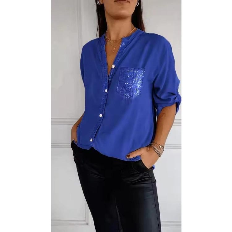 Women Casual Summer V-neck Sequin Blouse Loose Collar Mid-sleeve Printed Button Top Sun Protection Shirt with Pocket