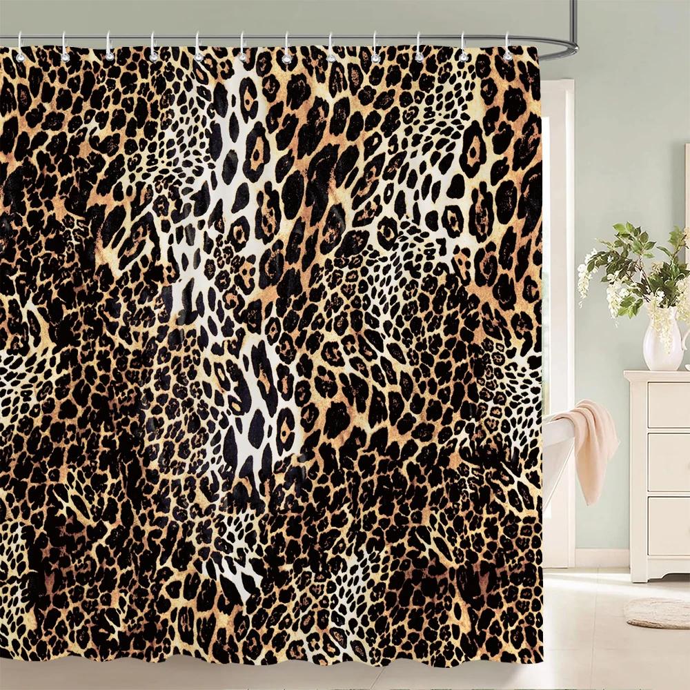 1Pc Shower Curtain Fashion Leopard Print Waterproof Bathroom Curtain Stylish Leopard Partition Curtain Bath Curtains With Hooks