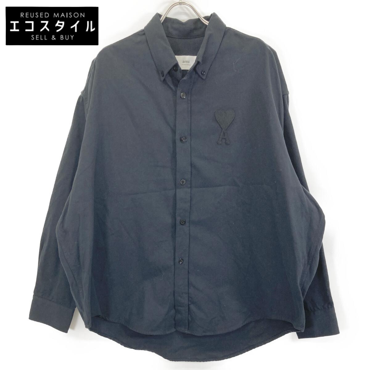 

AMI PARIS USH124.418 Black Heart Logo Embroidered Long Sleeve Shirt tops 44 blackUsed