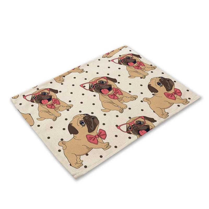 Pug Dog Pattern Cotton Linen Pad Dining Table Mats Coaster Bowl Cup Mat Pattern Kitchen Placemat 40*30cm Home Decor