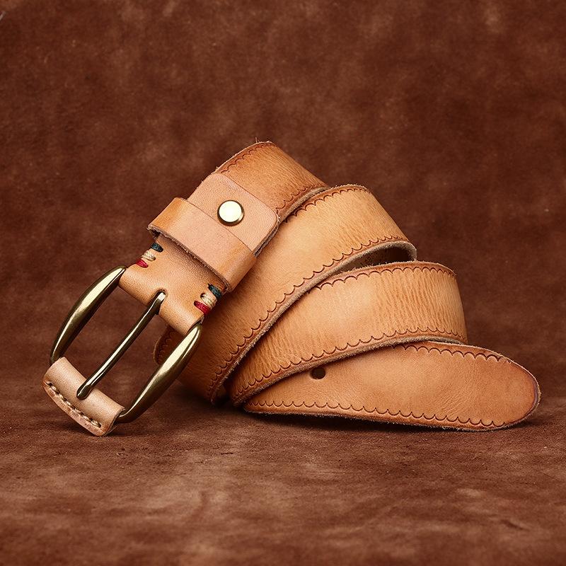 

Ретро мода тренд универсальный медная пряжка натуральная кожа ремень мужской первый слой коровья кожа старый плиссированный джинсовый ремень мужской 125cm