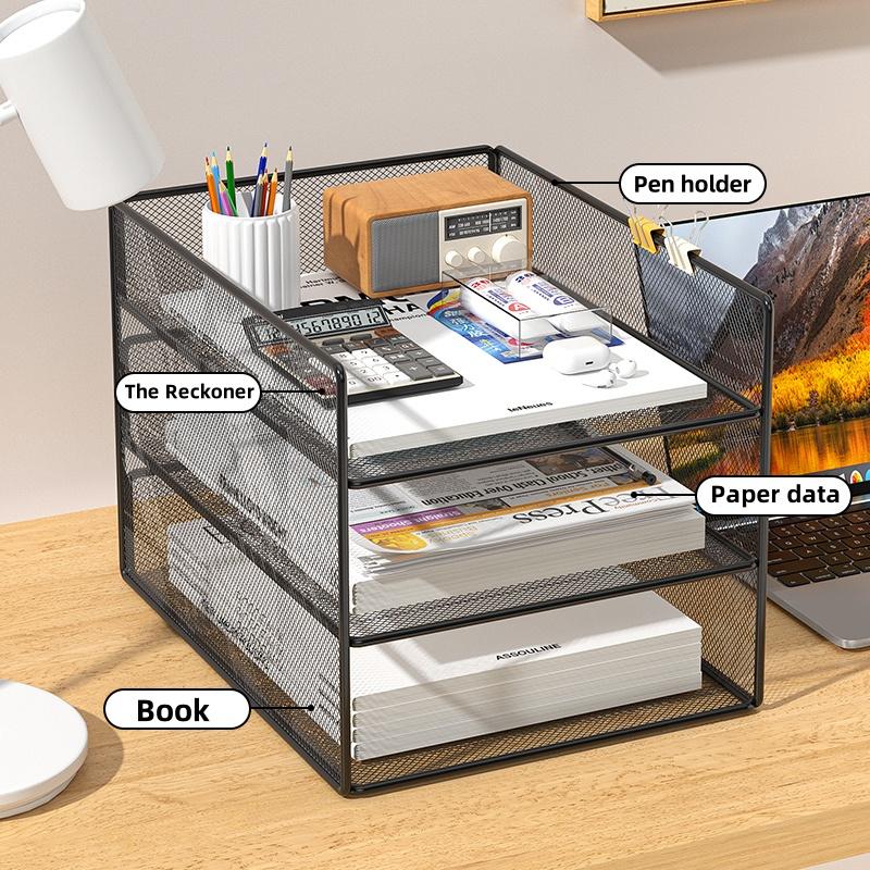 Kontorsfilorganisatör Kapacitet Metallnät Skrivbordsorganisatör med Trevåningsdesign Multifunktionell filhållare Pappersförvaringsställ