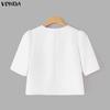 VONDA Women Short Sleeves Stitching Texture Casual Cropped Blouse Tops