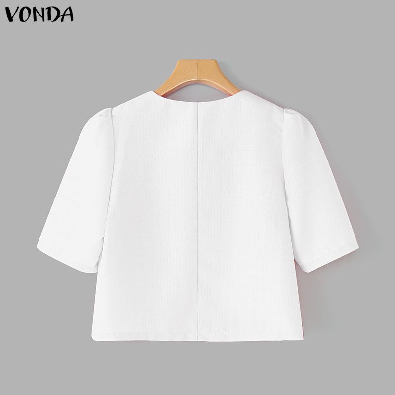 VONDA Women Short Sleeves Stitching Texture Casual Cropped Blouse Tops