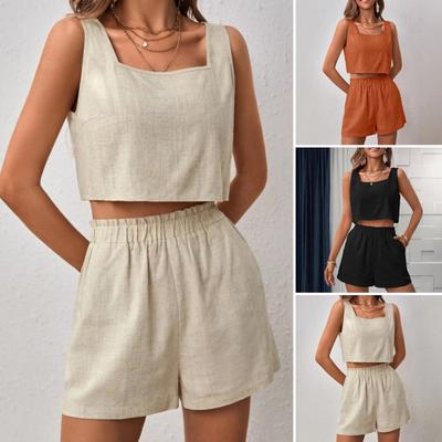 Conjunto feminino de duas peças de algodão e linho, sem mangas, cropped, sem costas, regata, perna larga, calça curta, roupa casual de verão, roupa de dormir combinando