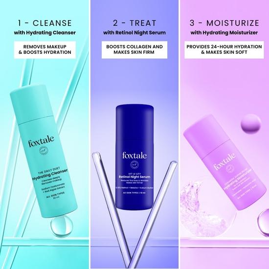 Foxtale Youthful Radiance Travel Kit | Hydrating Cleanser, Retinol Serum & Moisturizer | For Hydration & Radiance | Travel Pouch Included | Pack of 3