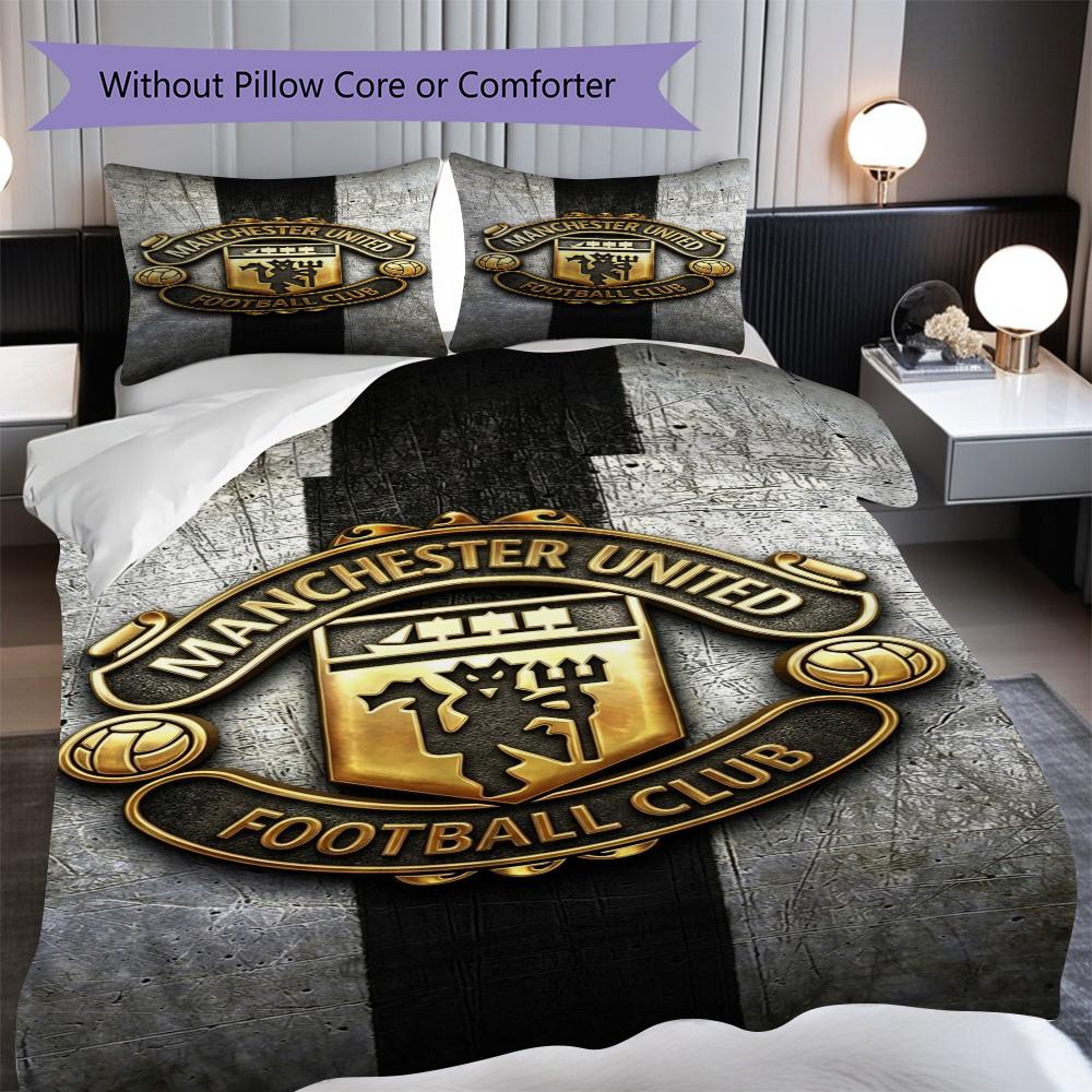 Manchester Emblem Glow Dreiteiliges Set (1 Bettbezug + 2 Kissenbezüge, ohne Füllung) 2D Flachbettwäsche-Set Weich und bequem