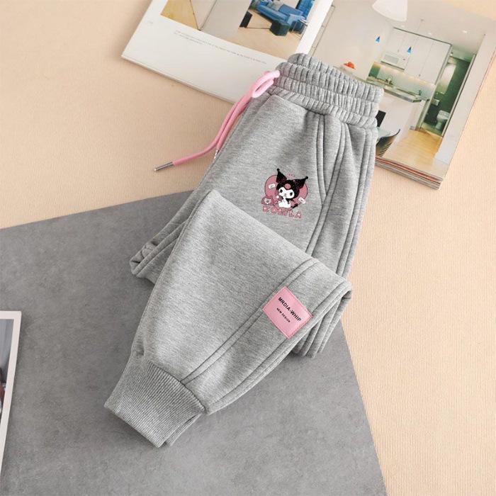 Kuromi Girls' Fleece-Lined Sweatpants - Cartoon Print, Warm & Thick, Cuffed for Spring/Autumn