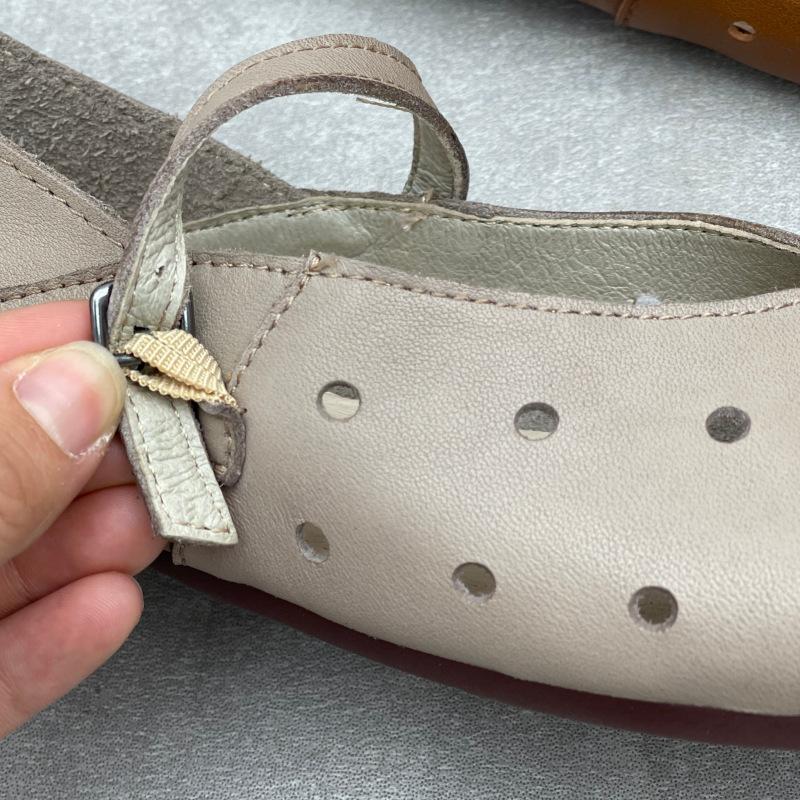 Johnature Hollow Out Breathable Genuine Leather Flat Sandals Casual Versatile Soft Soled Women's Shoes