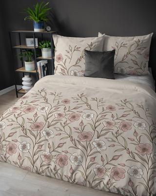 Flannel Bedding 220X200 Beige With Pink Cream Linen Flowers