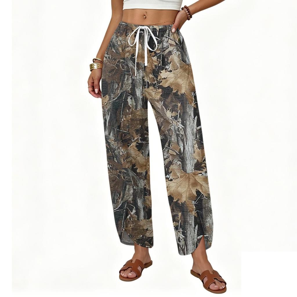 Women Casual Loose Fit Wide Leg Button Front Printed Pattern Long Pants with Adjustable Waist Drawstring and Side Pockets