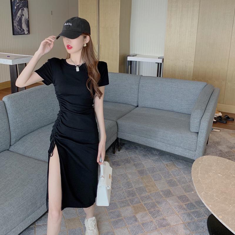 

Высококачественное платье из чистого хлопка для женщин, летнее, с короткими рукавами, на завязках, с сексуальным разрезом, длинная юбка, облегающая, средней длины, выше колена XL