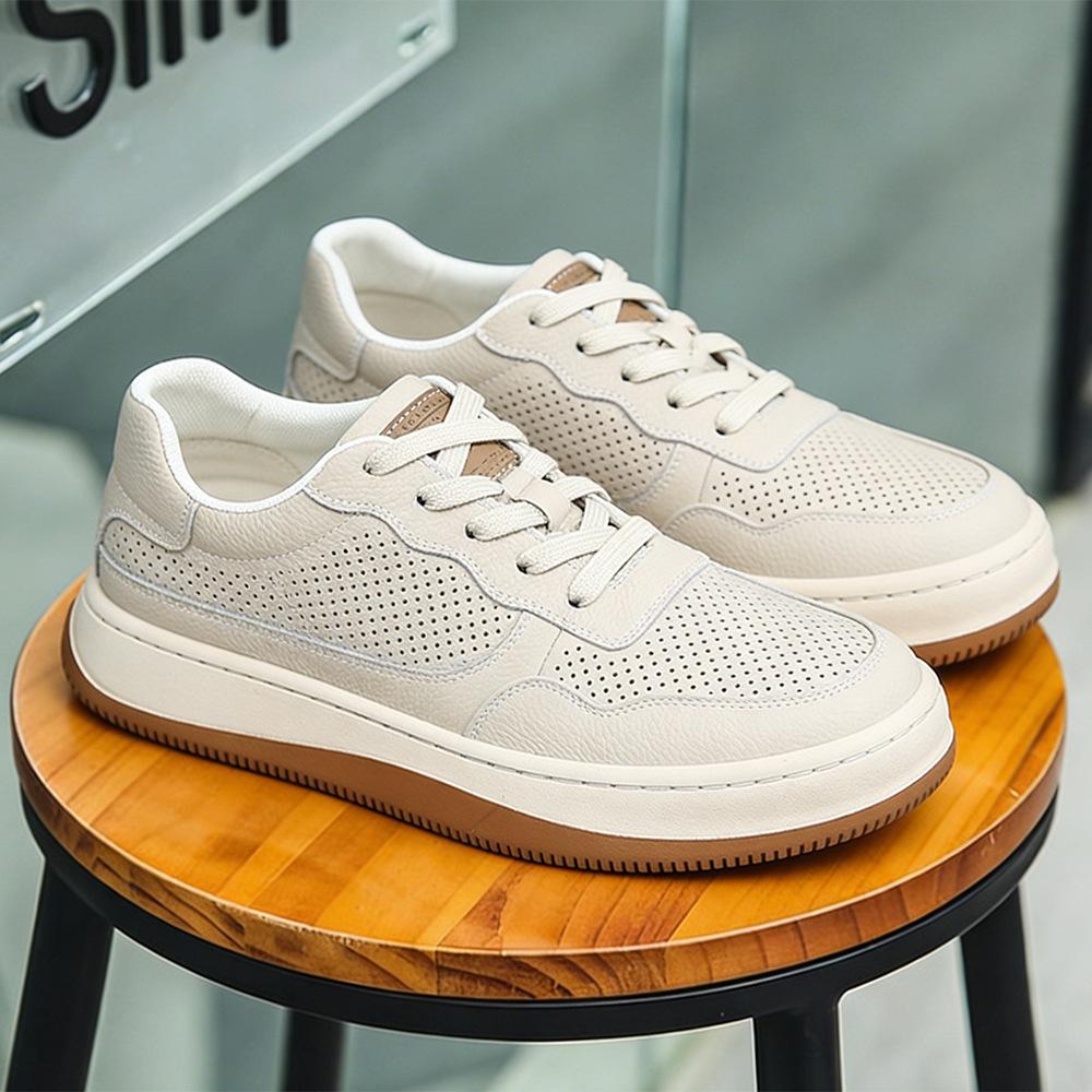 Leather men s shoes first layer cowhide white shoes men s casual single shoes hollow white board shoes men s sports shoes 38