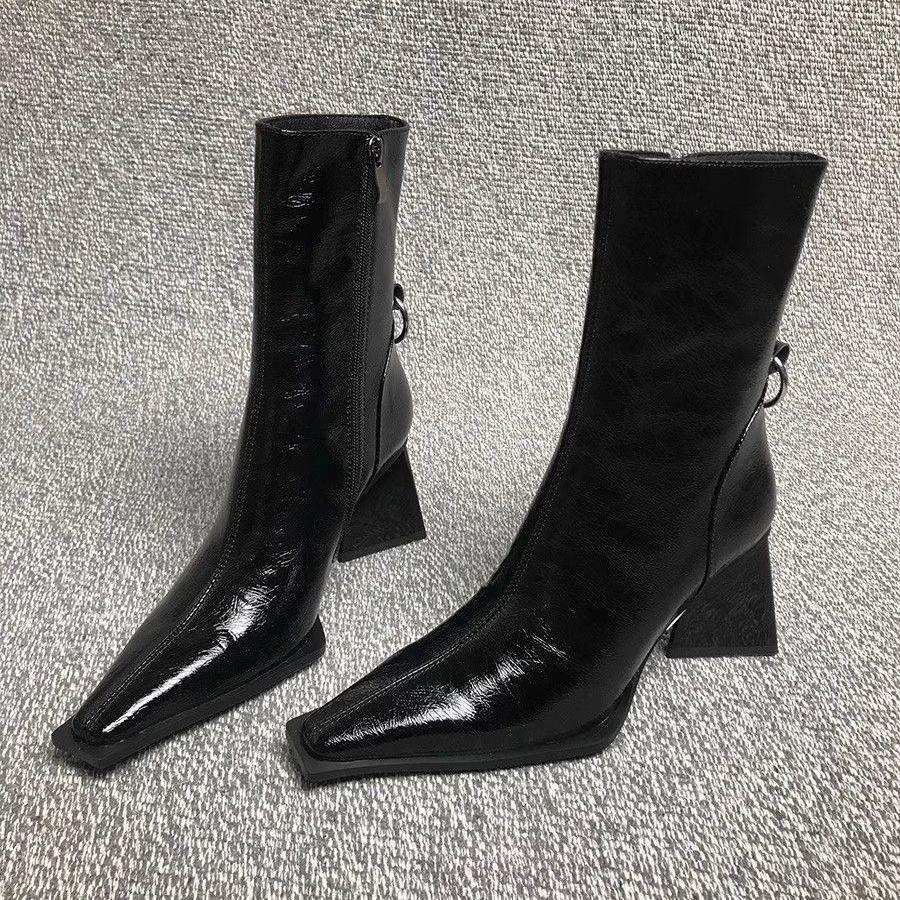 

2025 Summer/Autumn Patent Leather Chunky High Heel Ankle Boots with Square Toe 40