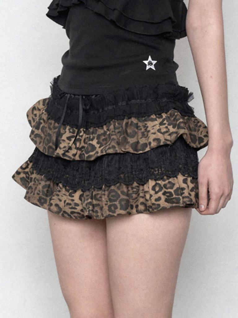 Leopard Print Lace Patchwork Y2K Skirt - European & American Sexy Slim Fit