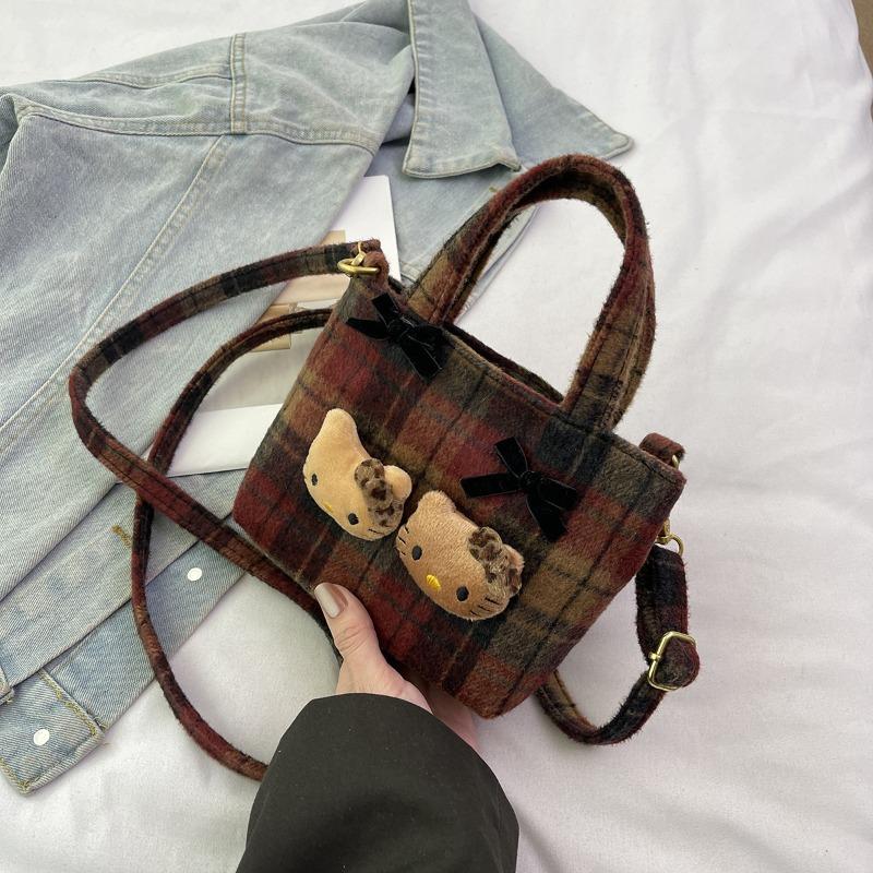 

Fashion retro plaid handbag personalized contrasting color bucket bag cute cartoon style niche messenger shoulder bag
