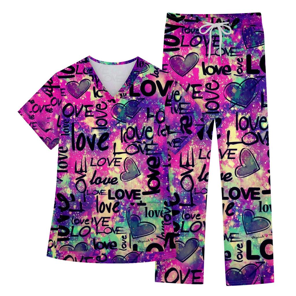 Women's Short Sleeve V Neck Animal Print Chest Pocket Work Top Elastic Waist Pants Two Piece Work Set