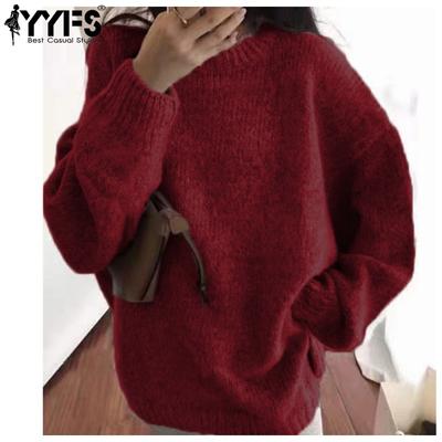 Women's Fashion Casual Fall Winter Solid Color Print Long Sleeve O-Neck Sweaters
