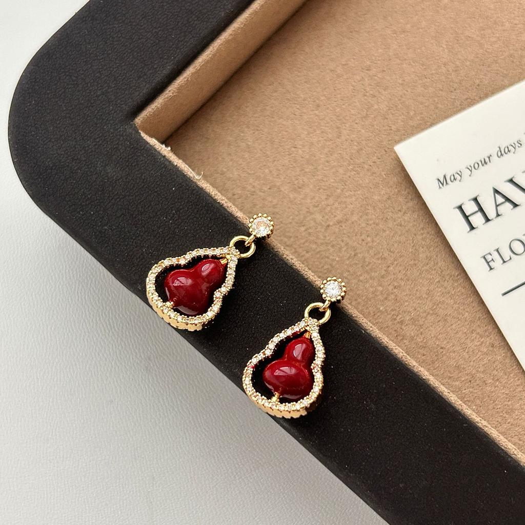 New Women's Chinese-style Ethnic Gourd Jewelry Set Gold-plated Diamond-studded Necklace Earrings Auspicious Fu-Lu Ear Ornaments