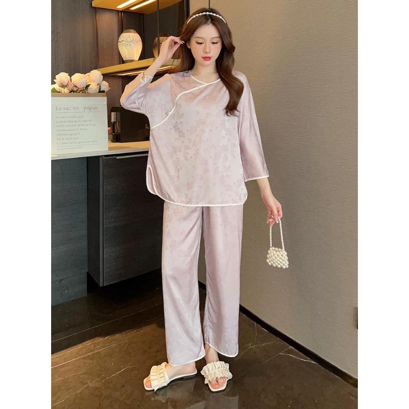 

Chinese style pajamas women s ice silk summer thin spring and autumn new suit ice and snow silk classical temperament round neck loungewear XL