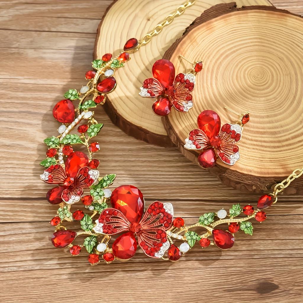 Elegantní květinová zirkonová sada s kamínky pro ženy - 3 ks náhrdelník a visací náušnice, na párty a pro každodenní nošení, perfektní dárek na rande/pro nevěstu