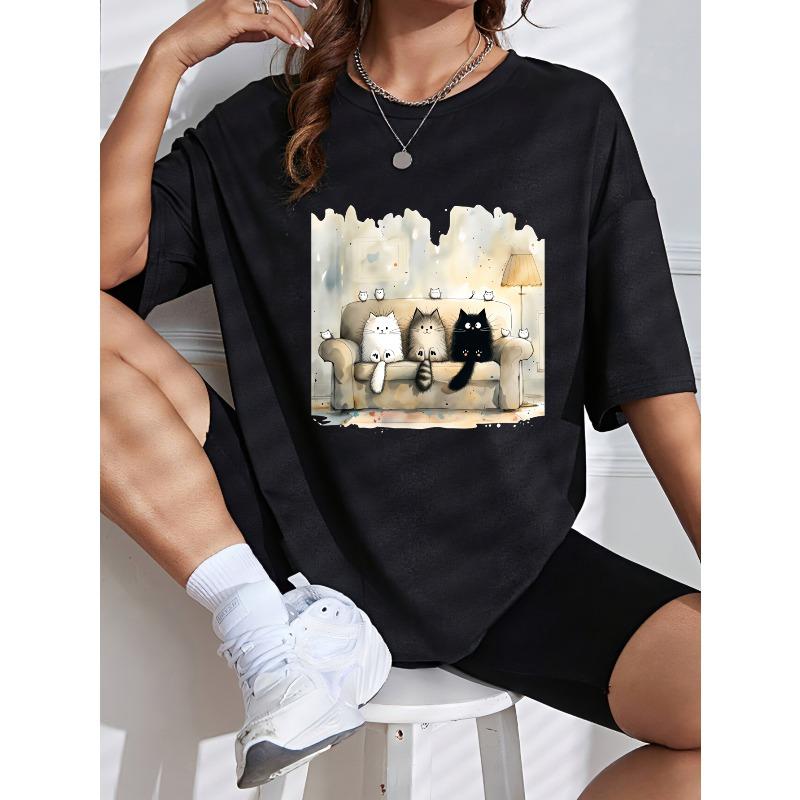 Cute Cat Sofa Print White T-Shirt For Women Casual Wear Summer Outfit Fashion Top With Kitten Design Comfortable Cotton Shirt For Daily Life