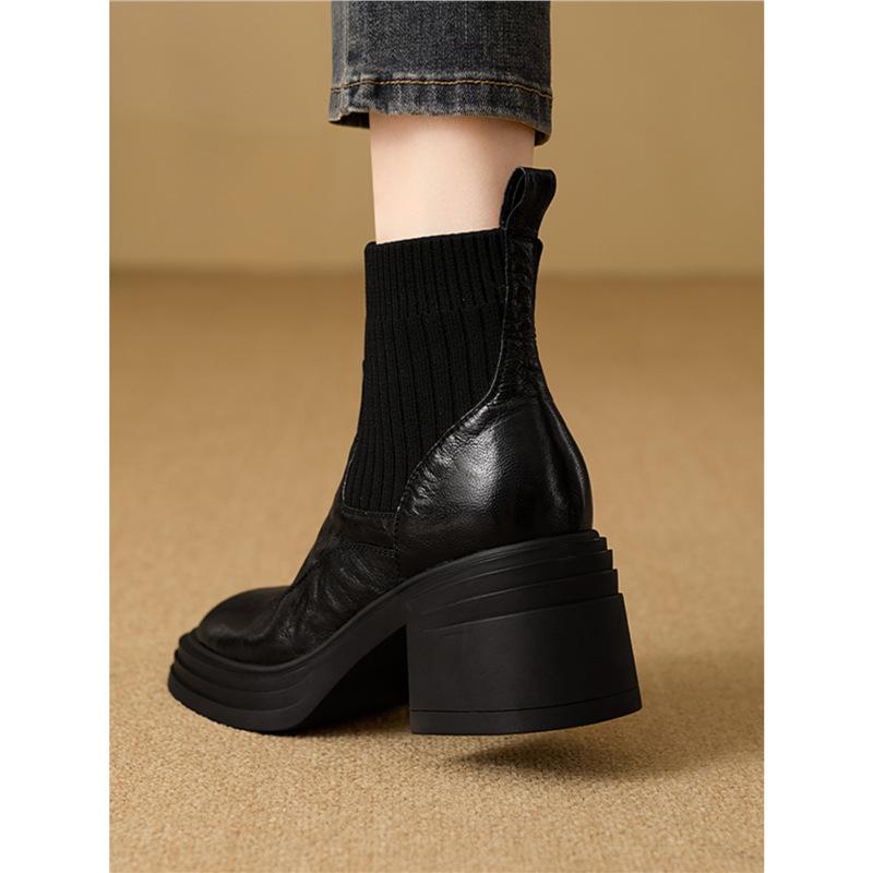 Matte leather thick heel high heel short boots women's thin boots autumn and winter new small thick bottom elastic socks boots