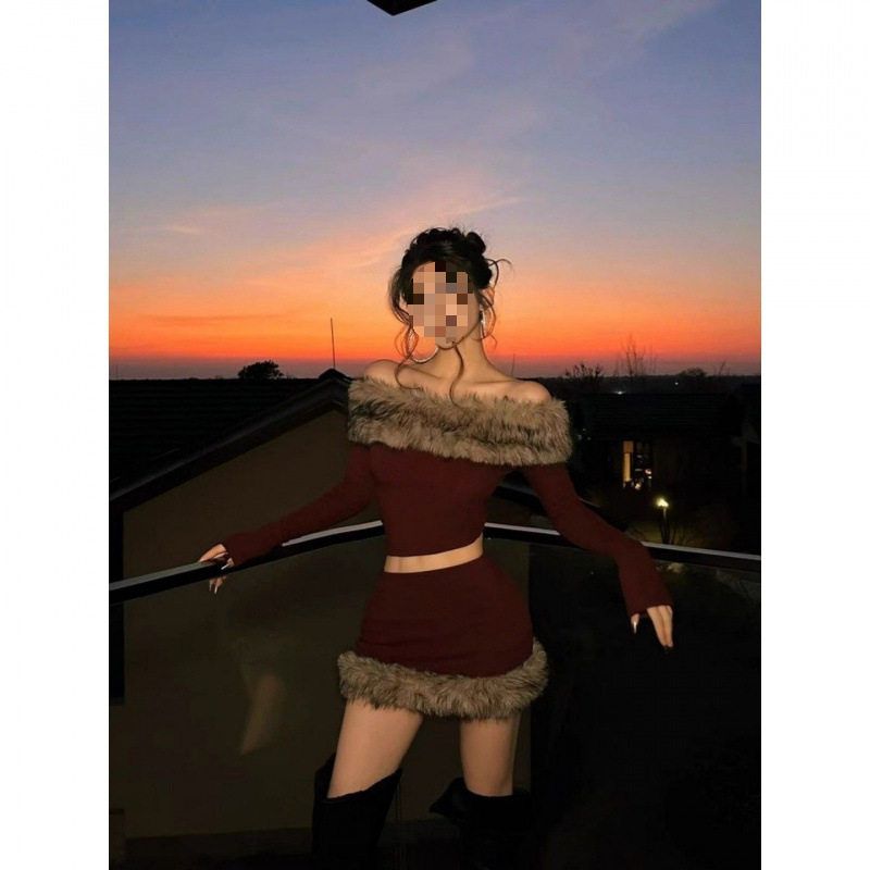 Hot Girl Style Knitted Suit 2025 Autumn and Winter New Style Terry Patchwork One-Shoulder Top High-Waisted Skirt Two-Piece Suit