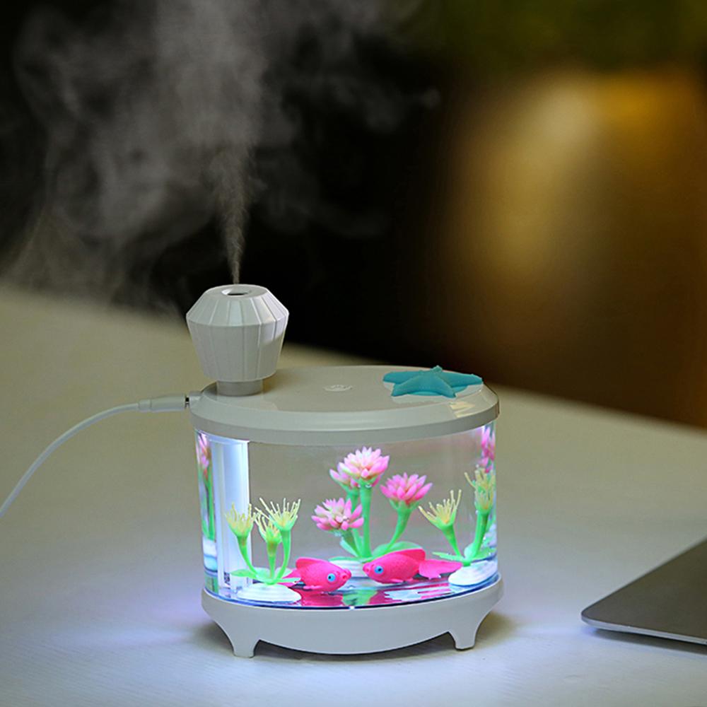 Novel Fish Tank LED Night Light Household Ultrasonic Air Humidifier Aquarium Small Cylinder Air Purifier Misting Maker
