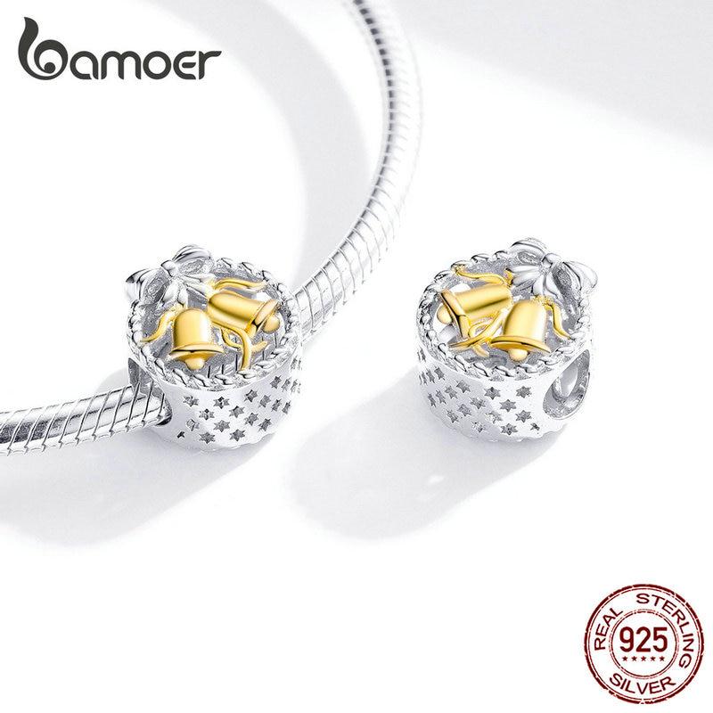 BAMOER Weihnachtsglocke, runde Metallperlen für Damen, 925er Stelring-Silber, passend für Armbänder, Schmuckstücke