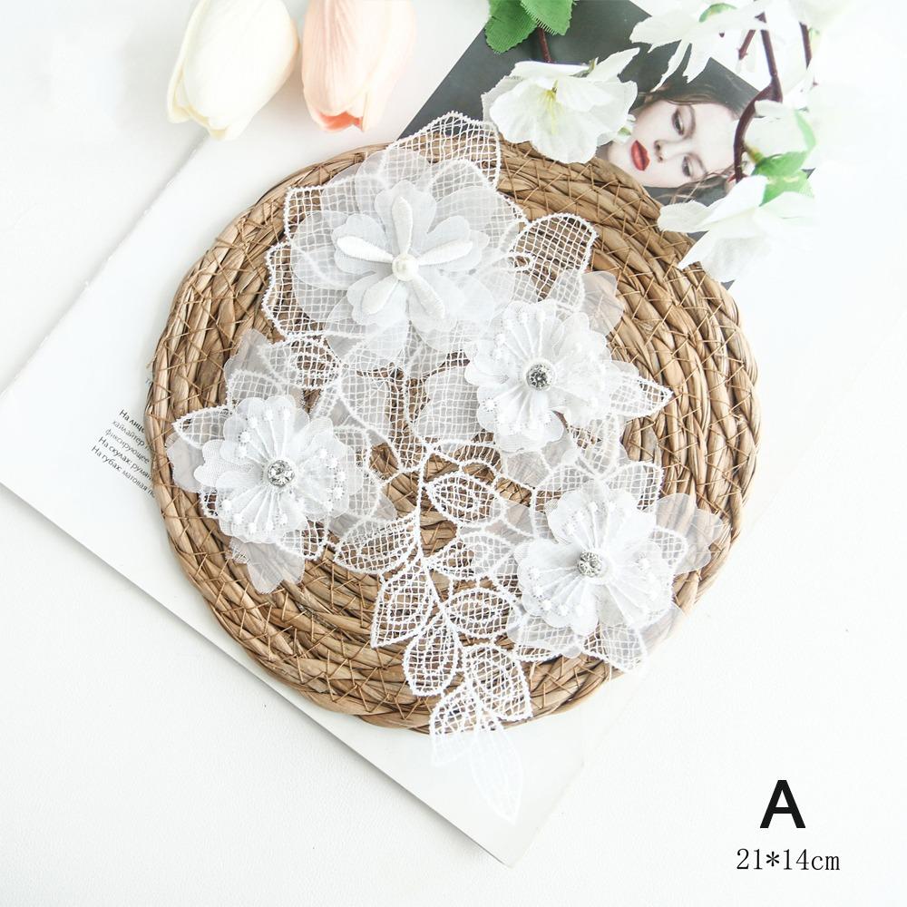 White Mesh Flower Embroidery Patches Pearl Stamen Applique Sequin Embroidery Patches Handmade Fabric Patches Evening Dress