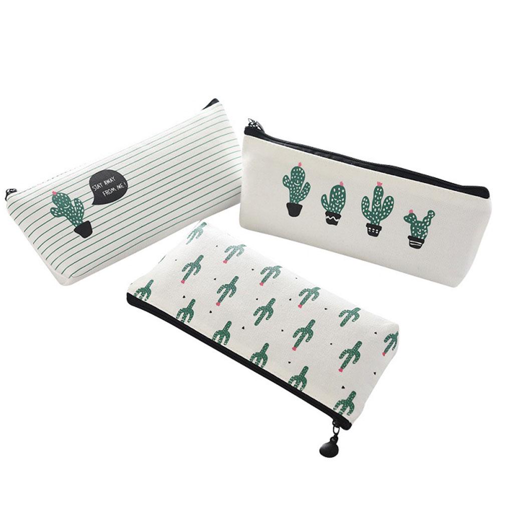 Cactus Flowers Canvas Pencil Stationery Case Box Cosmetic Makeup Pouch Bag