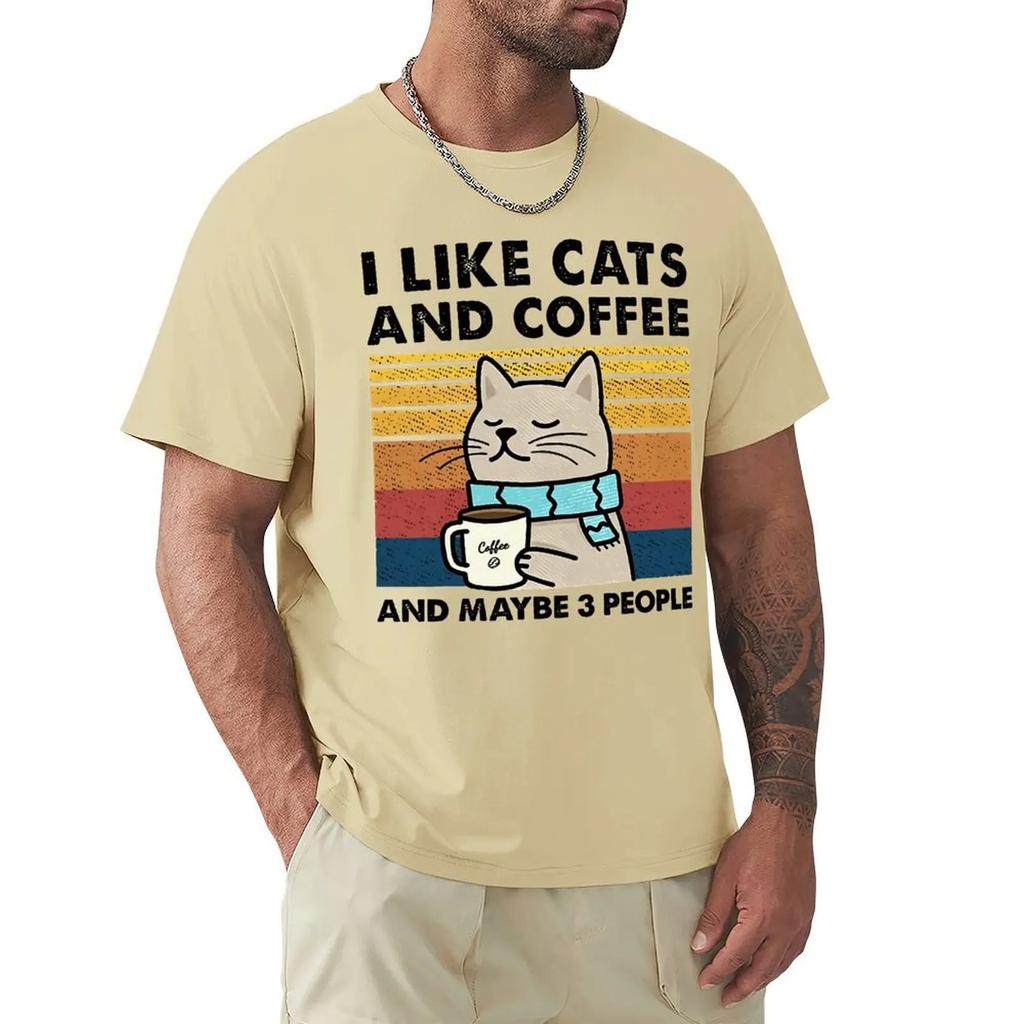 I Like Cats And Coffee Street Funny T-Shirt For Men Fashion Casual Loose Cotton Clothing Crewneck Breathable Tshirt Hip Hop Tees