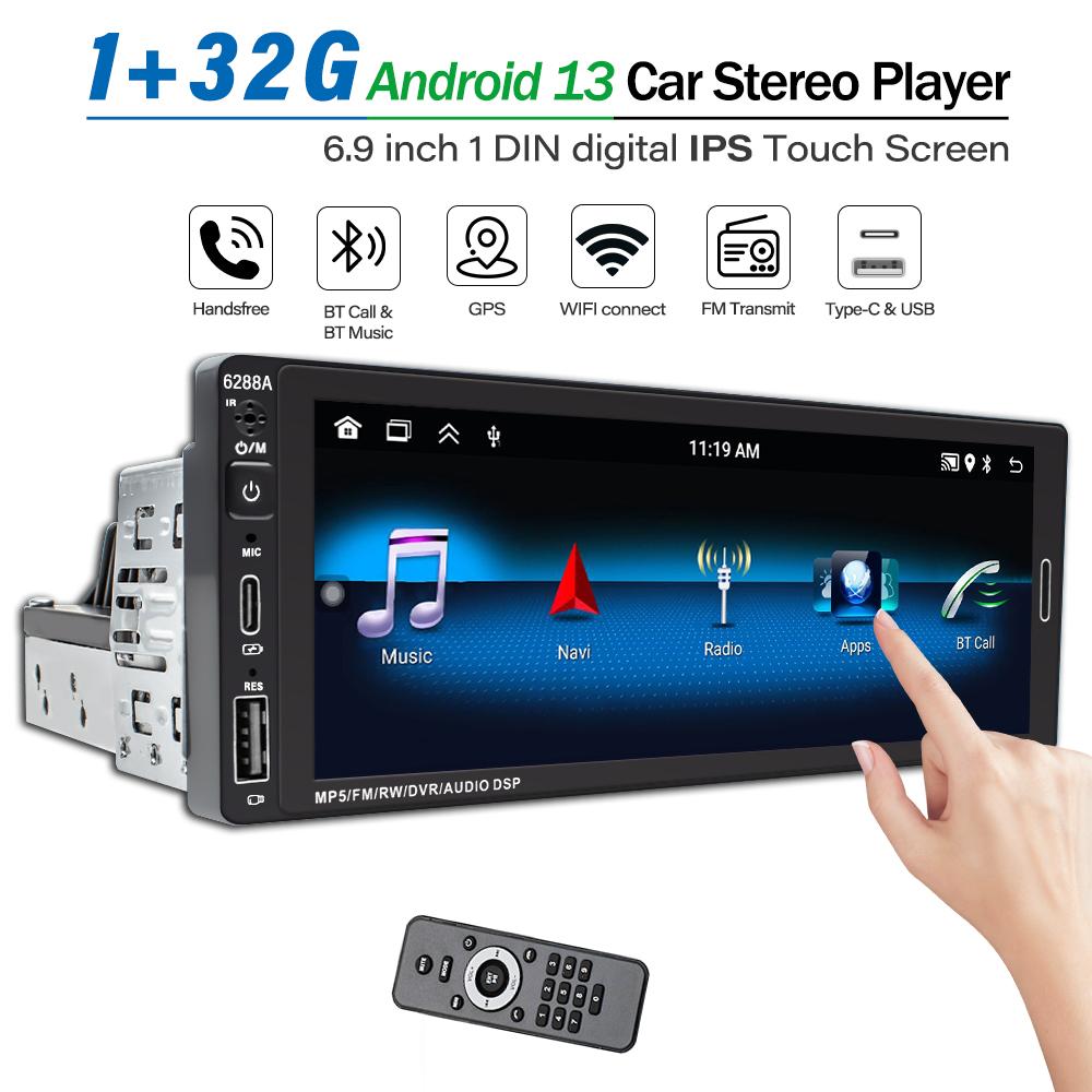

6,9-дюймовый 1Din цифровой IPS сенсорный экран Android 13 автомобильный стерео видео авто радио мультимедийный плеер GPS навигация WiFi Bluetooth