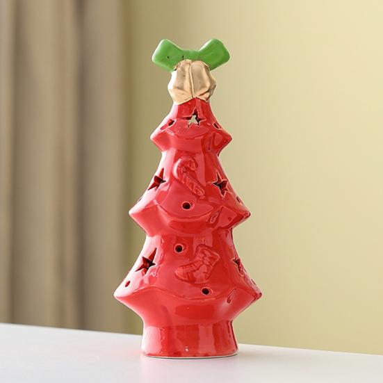 Ceramic Christmas Tree Night Light Glowing Decorative Lamp with Star Topper Xmas Tree Figurines for Holiday Home Decor