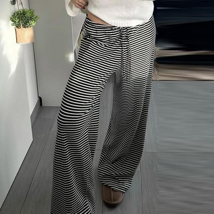 New High Waist Loose Straight Leg Pants for Women American Style Casual Striped Trousers with Lace Up