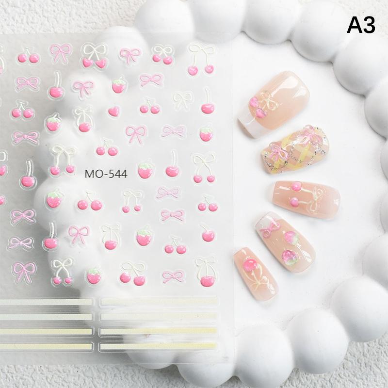 

1 лист кавайных наклеек для ногтей с вишневыми бантиками, 5D, милый фруктовый дизайн, самоклеящиеся декоративные наклейки, наклейки для нейл-арта A3