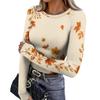 Women's Fitted Long Sleeve T-Shirt with Maple Leaf Print, Neck and Cuffs for Everyday Wear