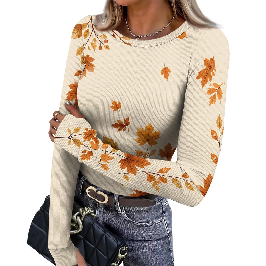 Women's Fitted Long Sleeve T-Shirt with Maple Leaf Print, Neck and Cuffs for Everyday Wear