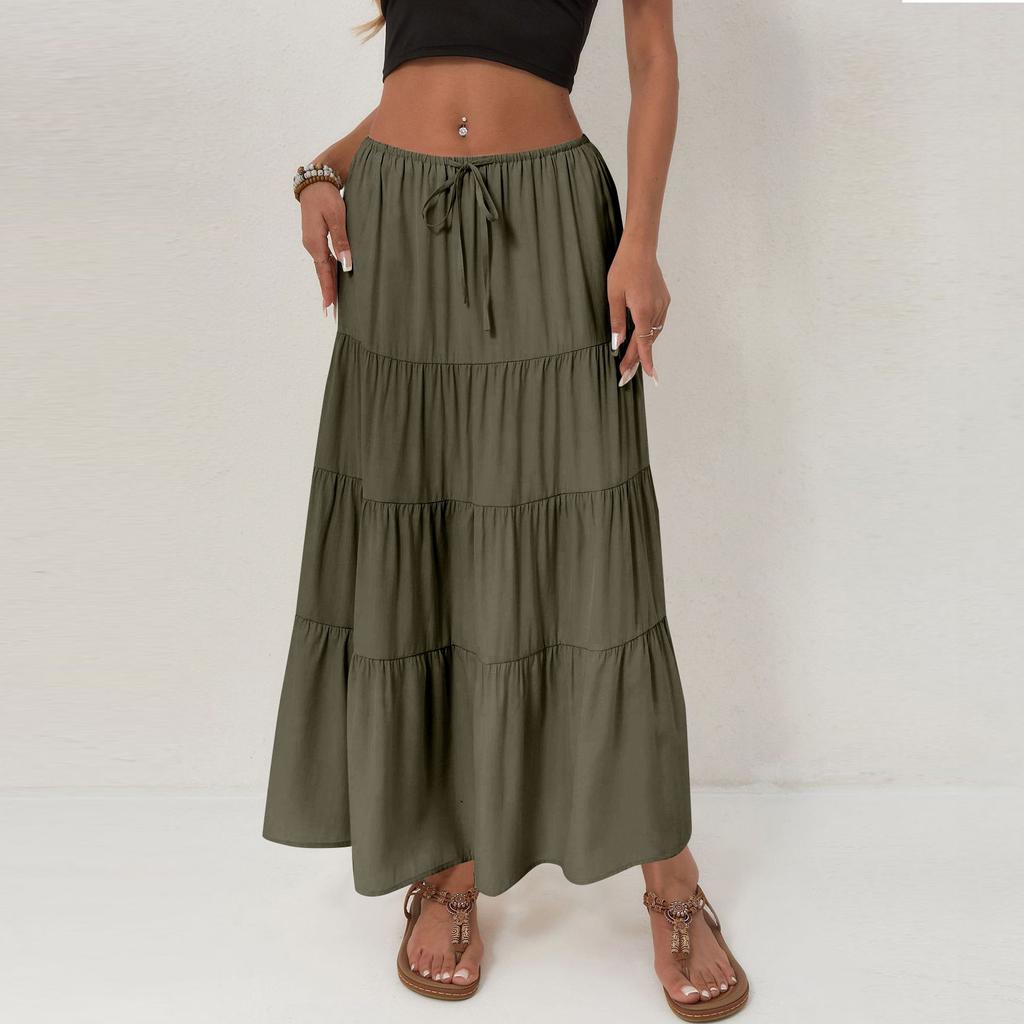 Damen Baumwollrock Hohe Taille Elastischer Bindegürtel Großer Schwingrock Europäischer Und Amerikanischer Lockerer Gespleißter Langer Rock Für Damen