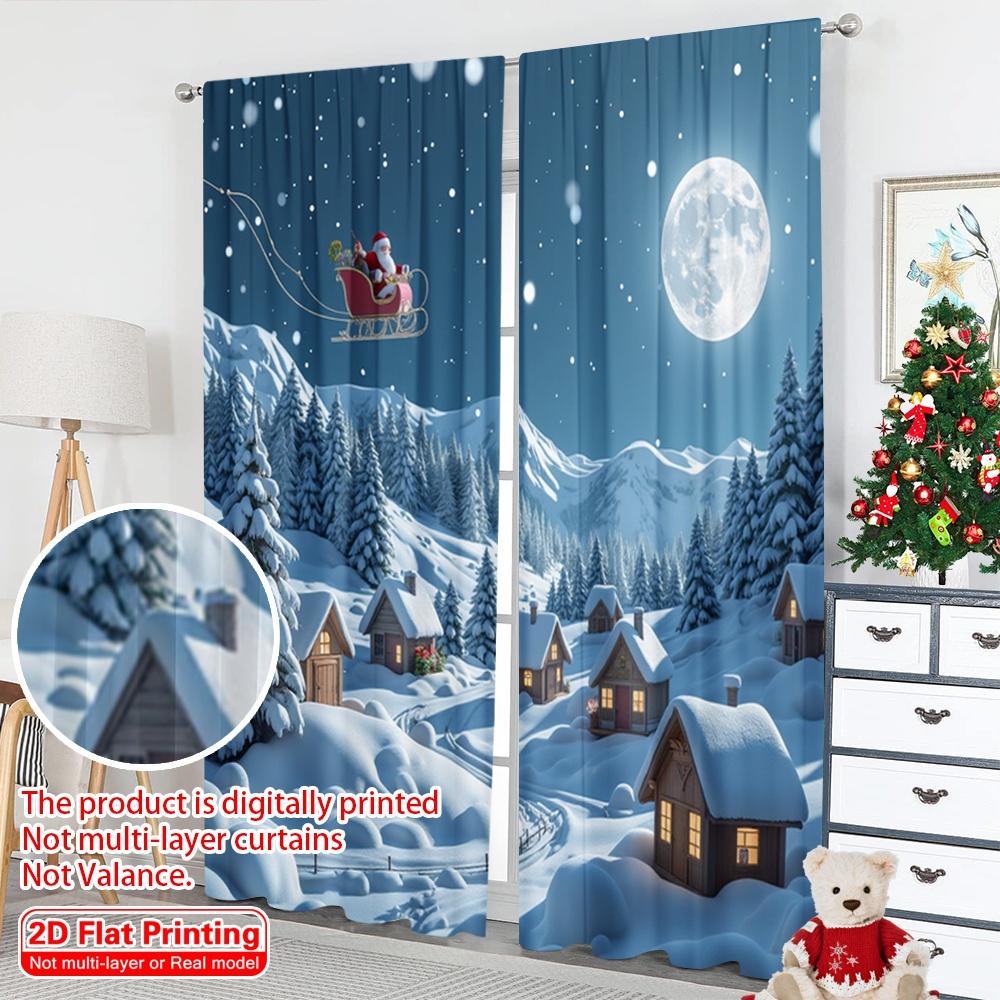 2pcs 2D flat printing Merry Christmas Popular Curtains Santa Sleigh Village Snow 100% Polyester Without Electricity Party