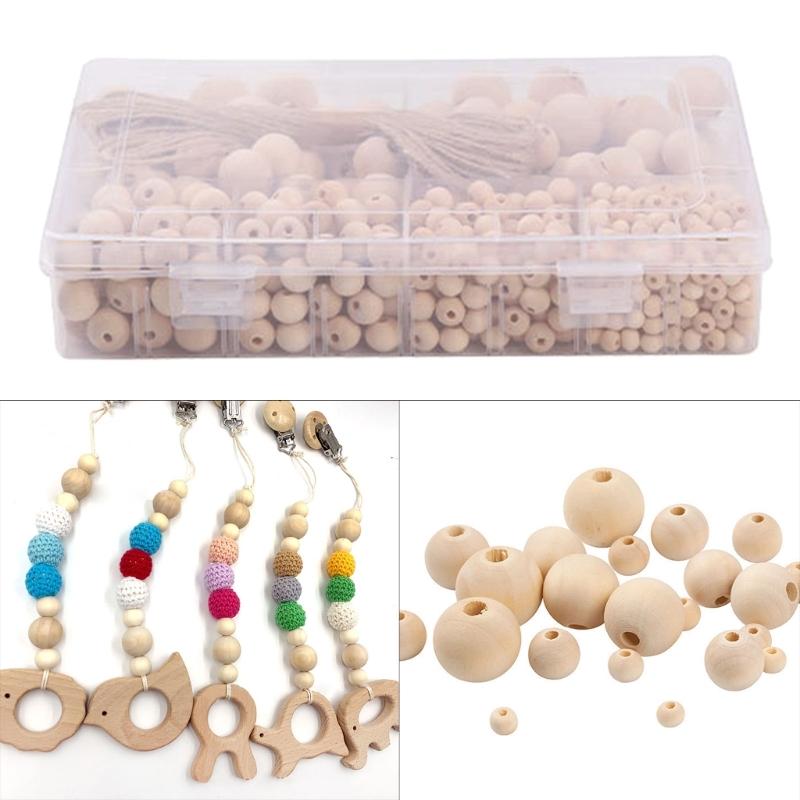 Set of 485 Bulk Natural Wooden Beads Set Assorted Sizes Round Bead with Storage Box DIY Crafts Jewelry Making Supplies