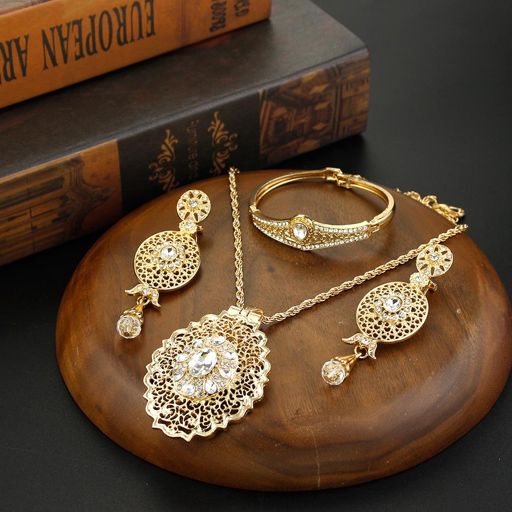 Elegent Bride Jewelry Sets Round Crystal Drop Earring Charm Necklace Crown Bracelet Accessories