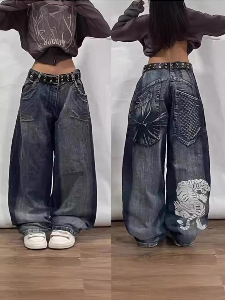 Y2K American New Retro Street Hip-Hop Loose Jeans Damen Harajuku Hohe Taille Weite Beinhose Gothic Weite Hose Straßenhose
