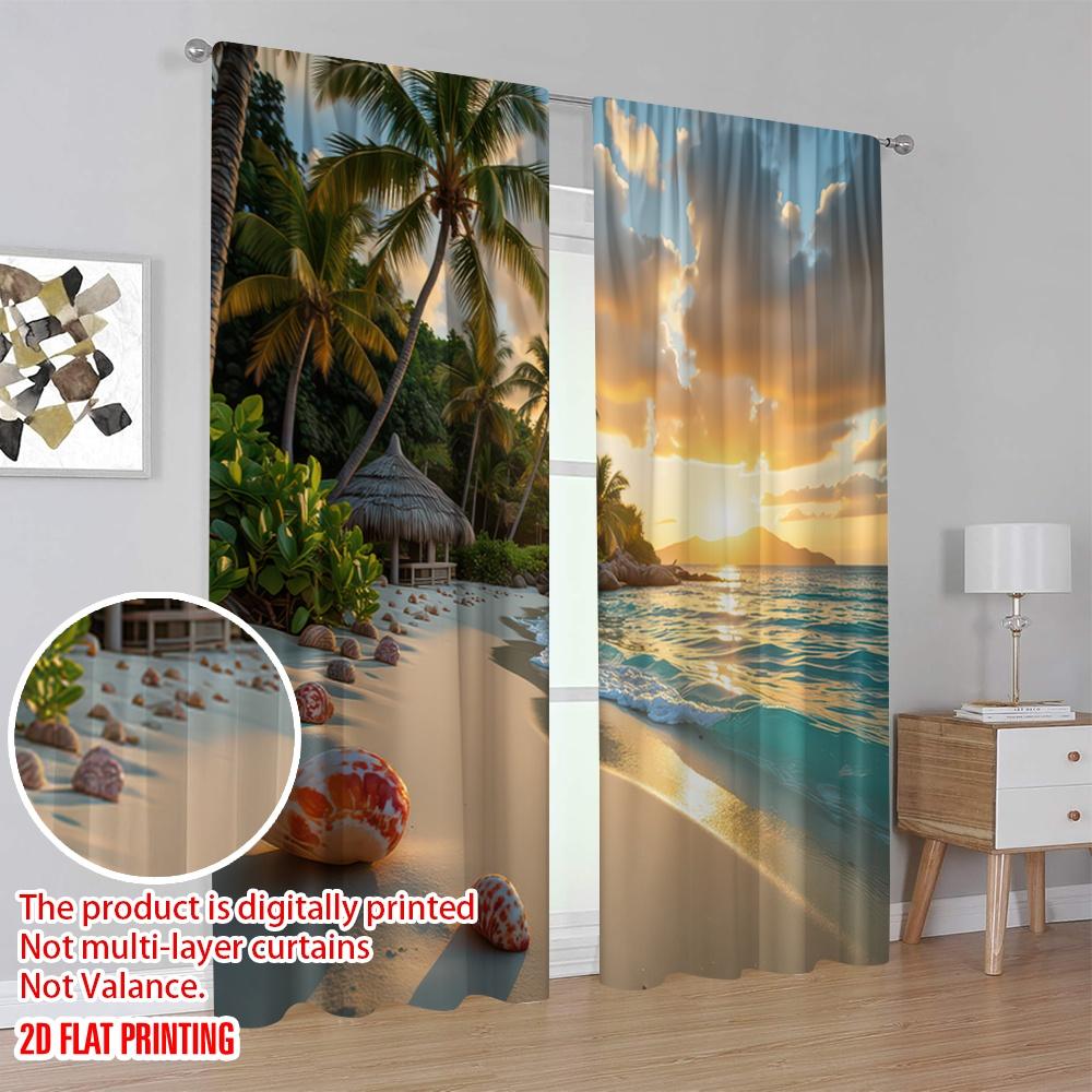2D flat printing 2pcs Scene Curtains Tropical Island Cottage Scenery Versatile 100% Polyester  Without Electricity Festive