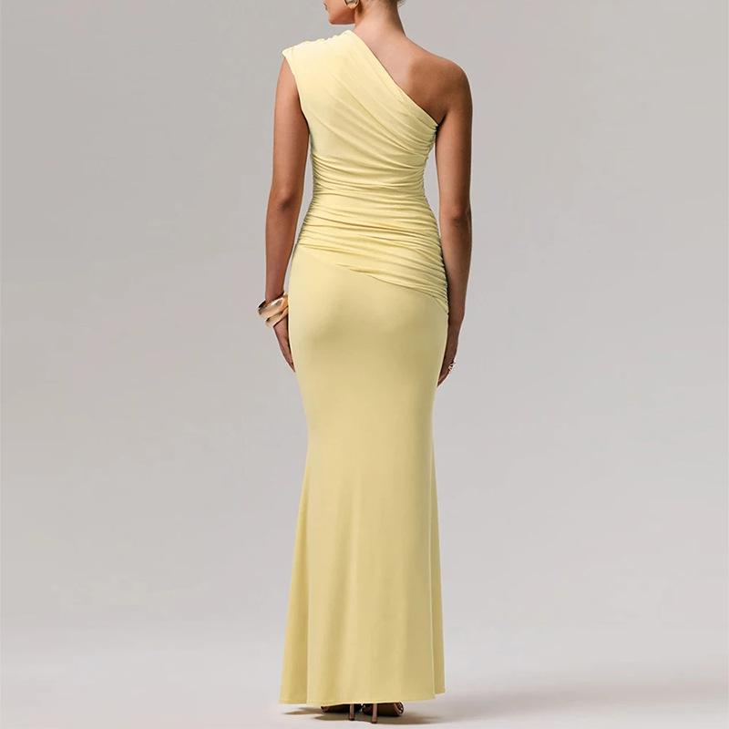 Elegante Abito Maxi Sexy Monospalla Arricciato Donna Moda Scollo Diagonale Senza Maniche Schiena Scoperta Bodycon Abito da Sera Club