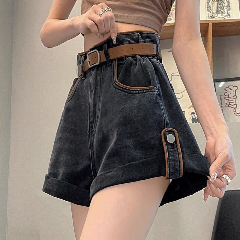 

Черные серые широкие джинсовые шорты для женщин на лето тонкий дизайн с высокой талией толстые ноги утягивающий эффект цветочный бутон шорты XL