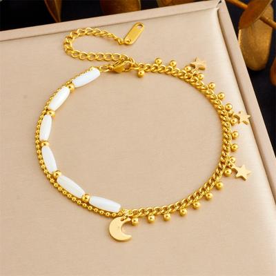Gold Plated Moon Star Beaded Anklet, Dainty Double Chain Foot Bracelet with White Shell, Minimalist Beach Jewelry for Women Gift