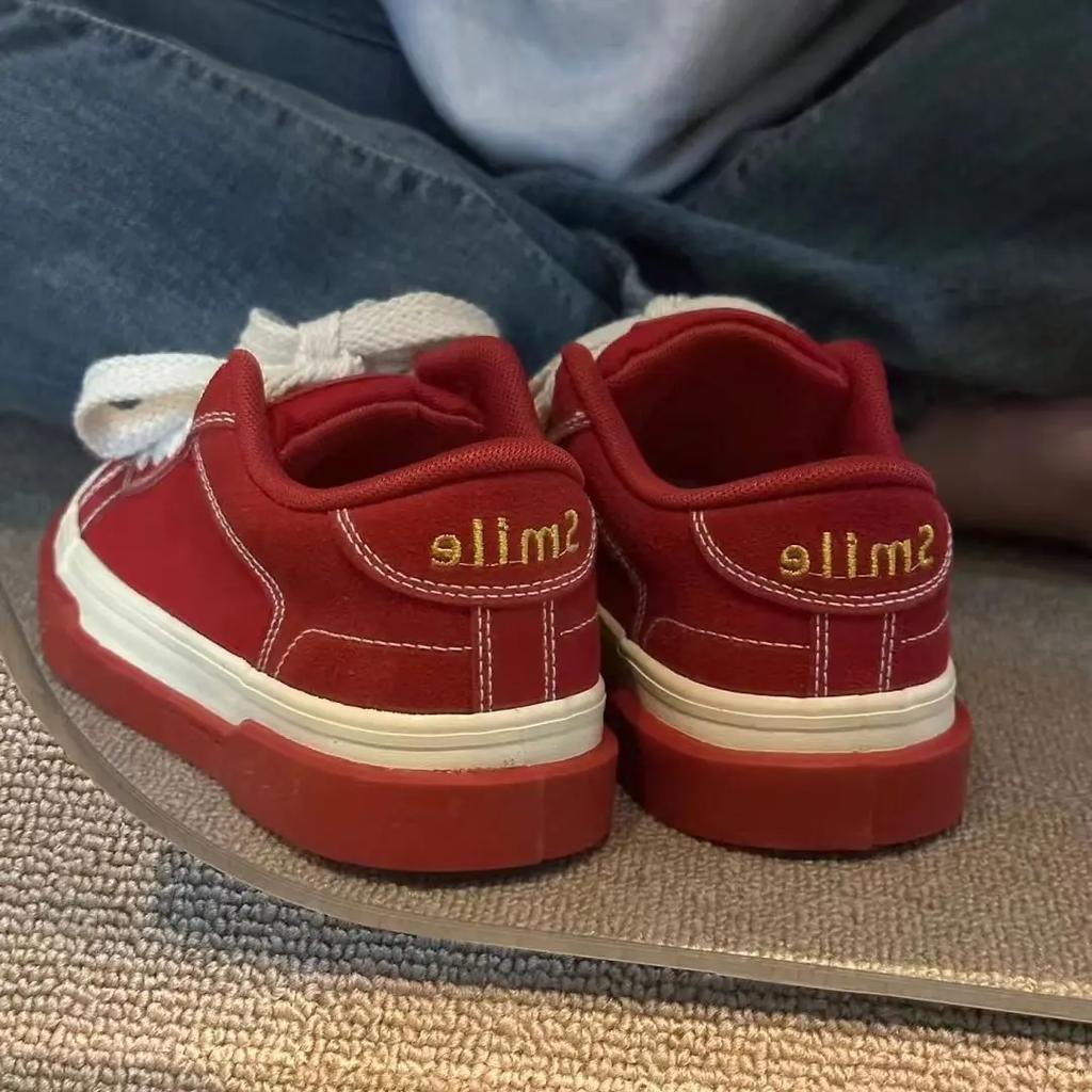 Women Vintage Red Canvas Low-top Jogging Sneakers Casual Letter Embroidery Skateboard Shoes Students Flat Outdoor Trainers