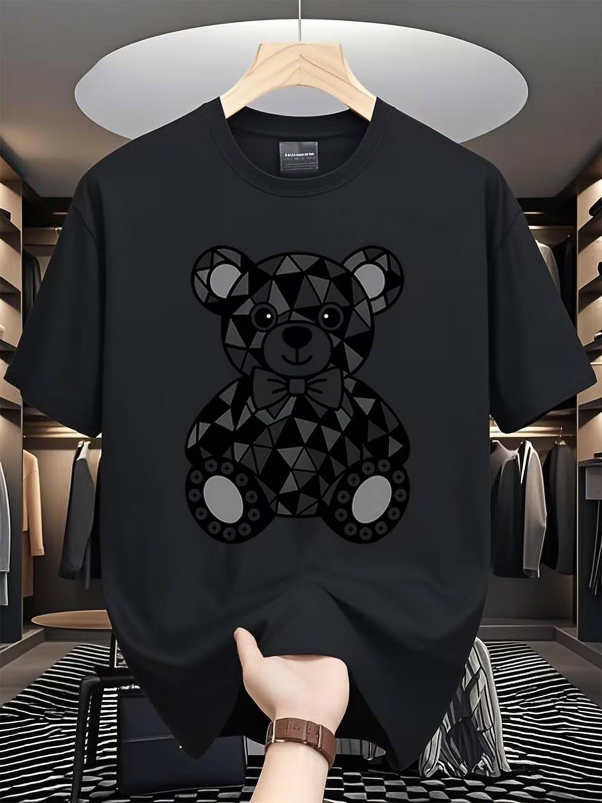 Men s Geometric Bear T-Shirt and Black Modern Printed Pattern, Round Neck, Unise XL